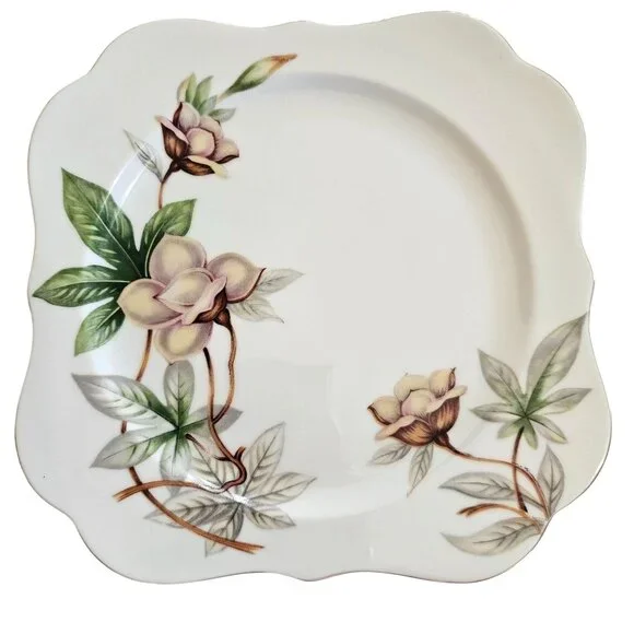 6 Blue Woodrose Square Lunch Plate 7.5" Meito Japan salad gold scalloped edge vt - Picture 1 of 9